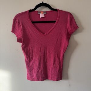 Vtg WEAVERS GIRL Pink V Neck Baby Tee Shimmer T Shirt Fairy Core Grunge Skater M